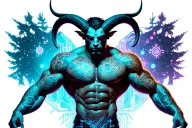 gay male horned satyr with massive bodybuilder muscles. tree roots, constellations, woodland wild animals tattoo design idea