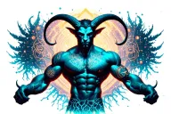 gay male horned satyr with massive bodybuilder muscles. tree roots, constellations, woodland wild animals tattoo design idea