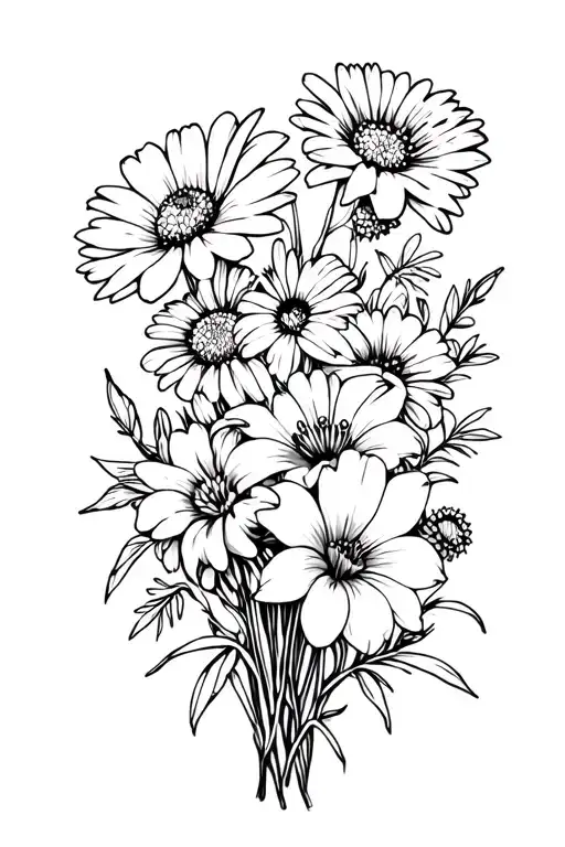 small bunch of flowers featuring cosmos, chrysanthemums, lily's snd carnataions  tattoo design idea