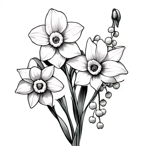 3 daffodils and 1 lily of the valley tattoo design idea