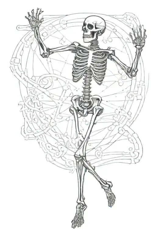 dancing stick skeleton with 4744 in one of the bones tattoo design idea