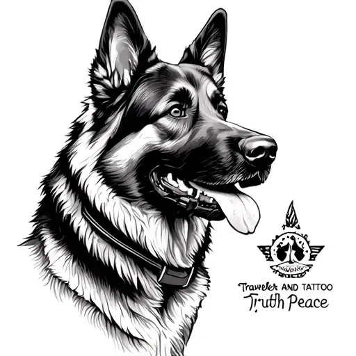 german shepherd with traveller seeking truth and peace tattoo design idea