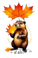 Beaver holding a maple leaf with the sun and the name d a h l i a under it tattoo design idea