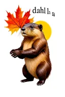Beaver holding a maple leaf with the sun and the name d a h l i a under it tattoo design idea