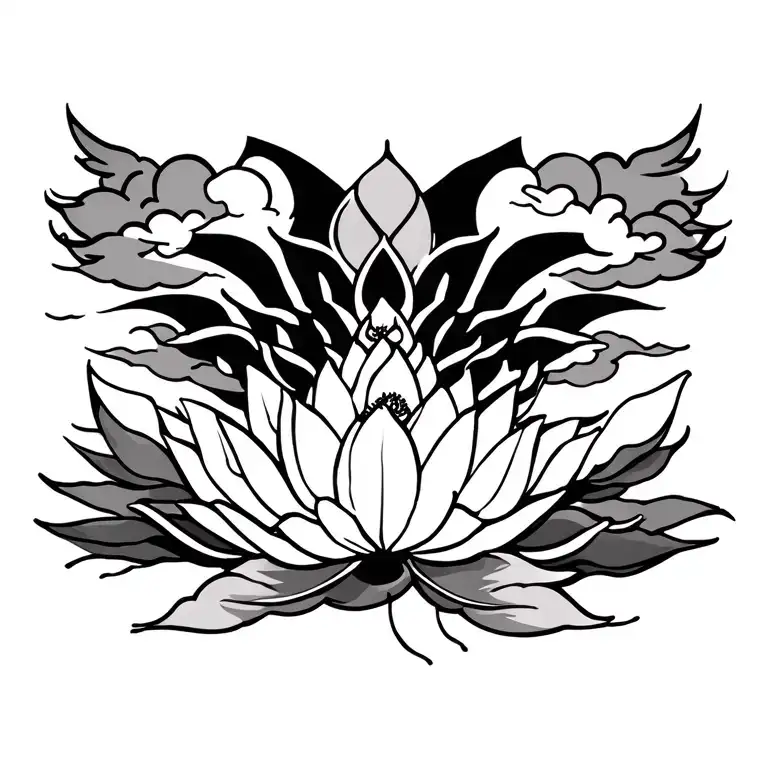 "Buddhist victory banner tattoo, dhvaja symbol, Tibetan art, spiritual symbolism, lotus flowers, clouds tattoo design idea