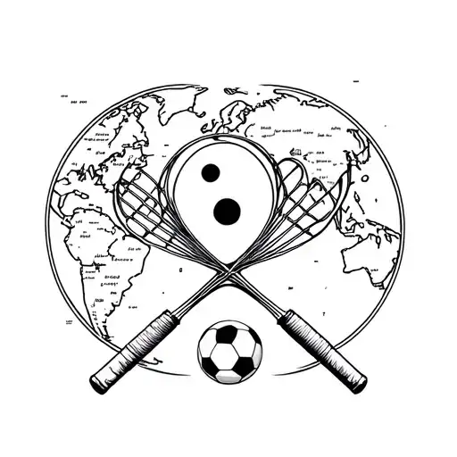 baking whisk intertwined with world map, yingyang tennis &soccer ball, soccer ball & tennis racket crossed with whisk tattoo design idea