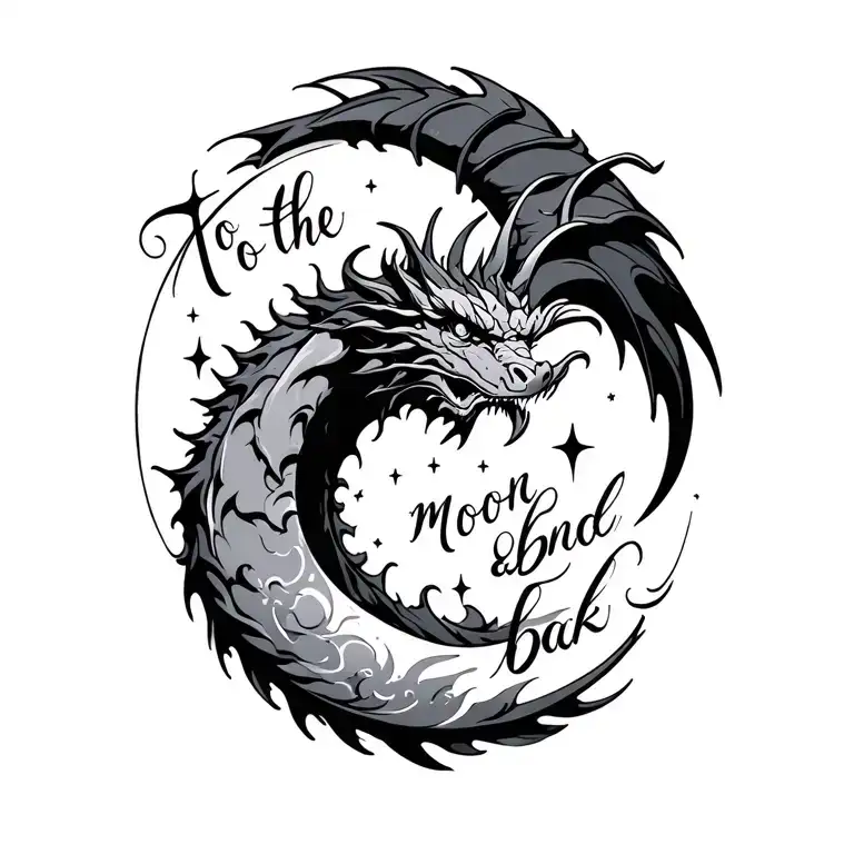 "To the moon and back" sun moon and stars in a swirl shape dragon emerging tattoo design idea