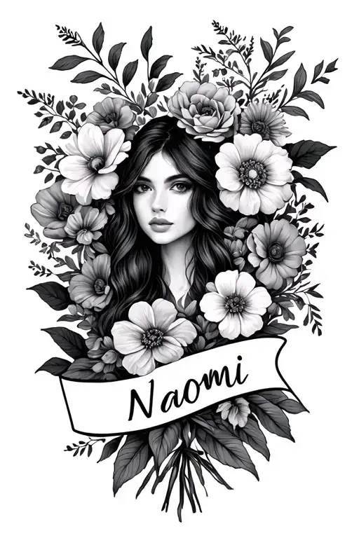 Naomi name written in a bouquet of flowers tattoo design idea