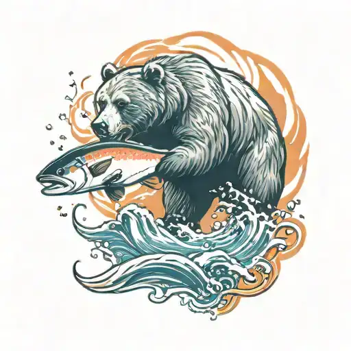 bear with salmon leaping tattoo design idea