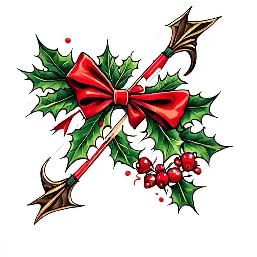 An elegant and feminine holly bow and arrow design with a modern twist, blending traditional elements with contemporary aesthetics tattoo design idea