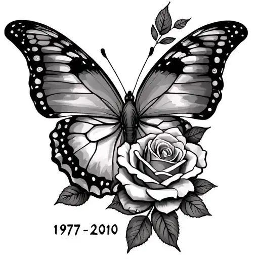 forearm butterfly and rose tattoo with the date of 1977 to 2010 tattoo design idea