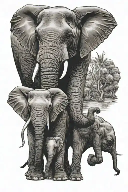 elephant with 3 kids tattoo design idea