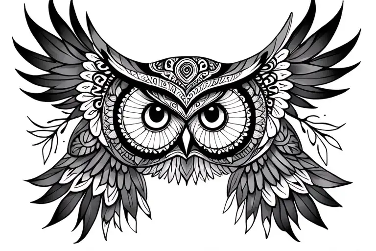 "Boho style owl tattoo illustration, black and grey tribal design, intricate line work with geometric and mandala patter tattoo design idea