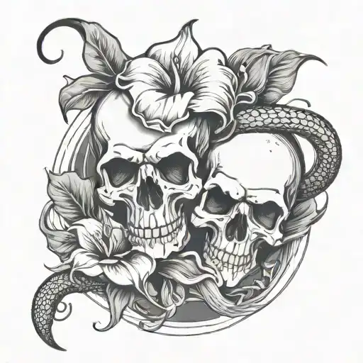 Skull, snake intertwined, calla lilly flowers tattoo design idea