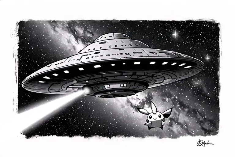 i want a ufo space saucer with laser at the bottom shooting laser at a pikachu, p[lace it in galaxy between stars and pl tattoo design idea