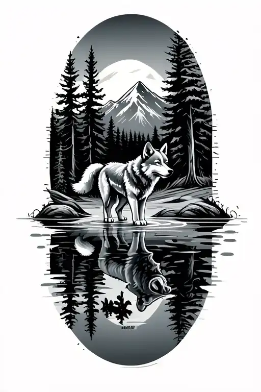 wolf puppy stepping in a shallow lake and the reflection staring back is that of a grown wolf with some trees and a moun tattoo design idea