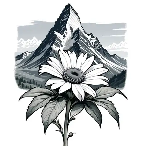 the matterhorn mountain in the background with an Edelweiss flower in the foreground tattoo design idea