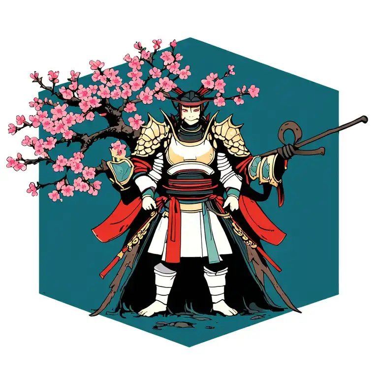 decaying samarai armor standing by cherry blossom tree tattoo design idea