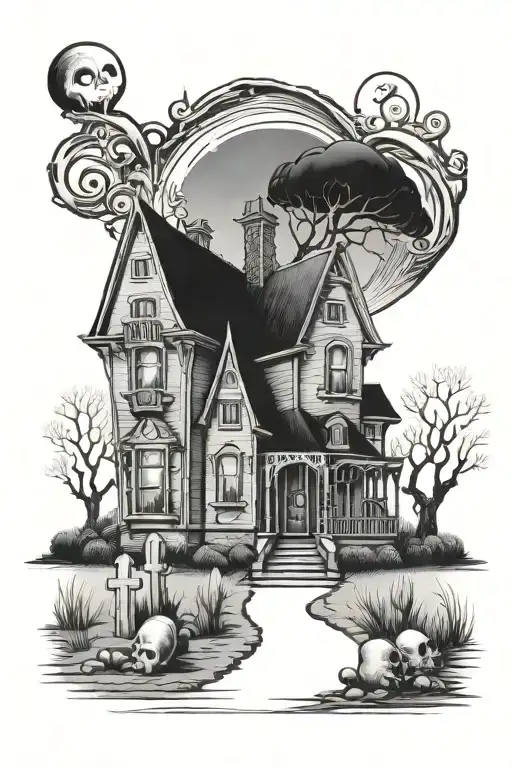 The addams family house with a graveyard in the front yard tattoo design idea