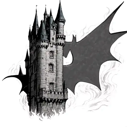 Château de Hogwarts, Dracaufeu on a tower and the Batman logo projected in the sky tattoo design idea