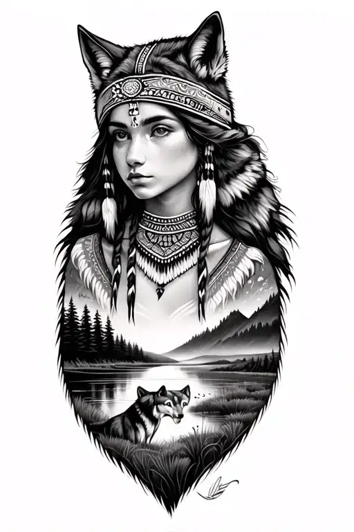native girl and wolf and landscape tattoo featuring tattoo design idea