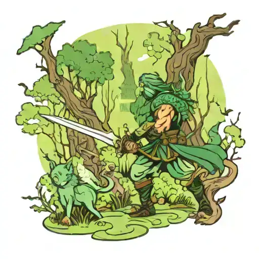 A mystical forest scene with a fighter wielding a sword, accompanied by magical animals tattoo design idea