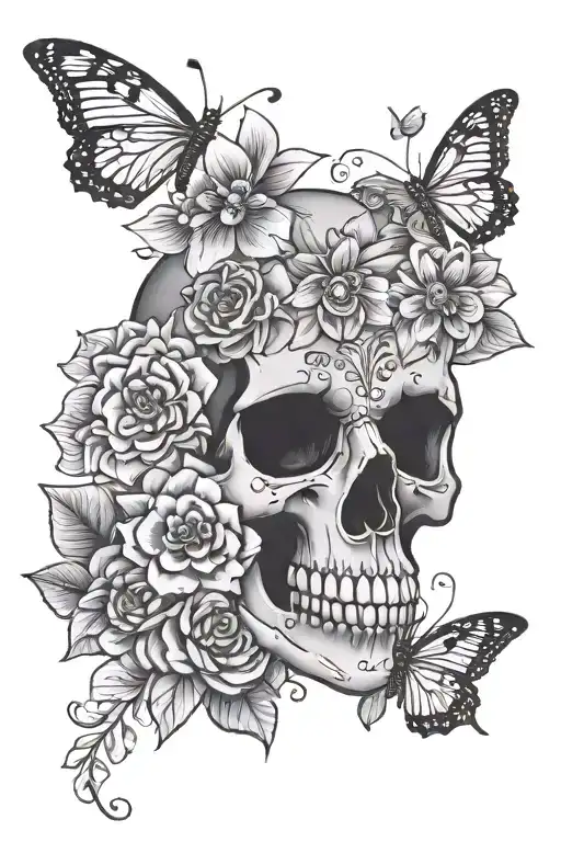 small skull, butterfly, flowers, mandala design tattoo design idea