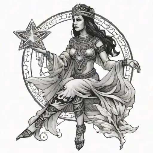isis goddess holding a star in a dress looking magical full body floating  tattoo design idea