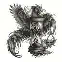 hour glass with phoenix rising from the ashes with roman numbers around it tattoo design idea