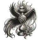 hour glass with phoenix rising from the ashes with roman numbers around it tattoo design idea