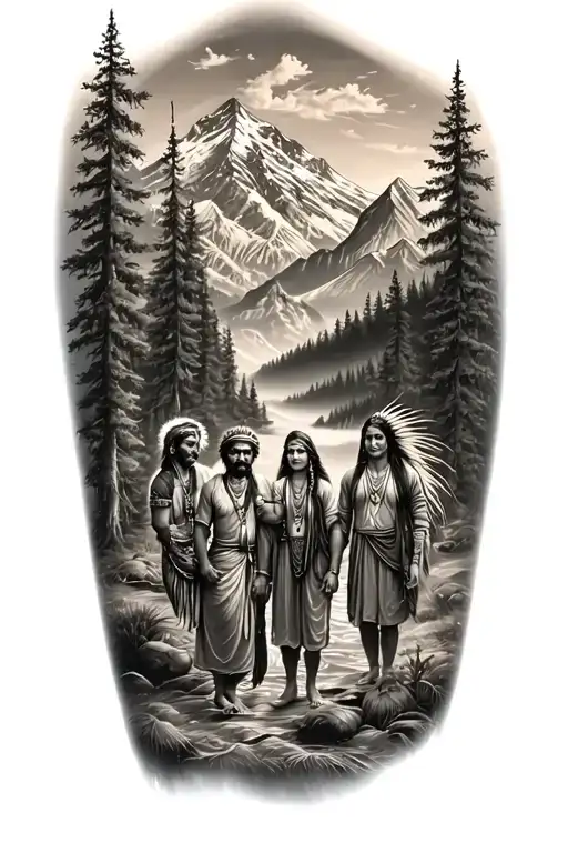 representation of nature with mountain, forest and also an Indian family of 4 people including the father, two threads tattoo design idea
