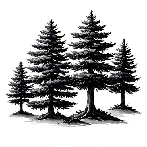 3 evergreen trees in a row in small medium and large tattoo design idea