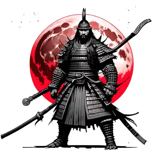 samurai warrior standing by red moon tattoo design idea