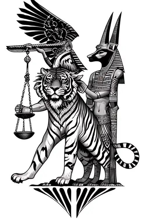 a tiger, and the egyptian gods horus and anubis holding the balance tattoo design idea