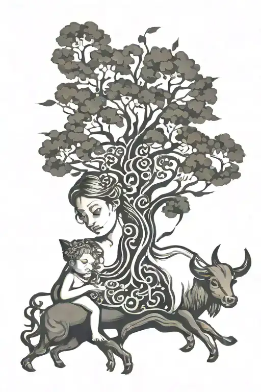 tree of life mother little girl astrological sign Taurus Cancer tattoo design idea