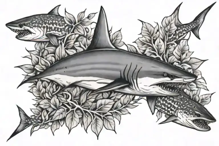 mako shark from above with shadow leaves you tattoo design idea
