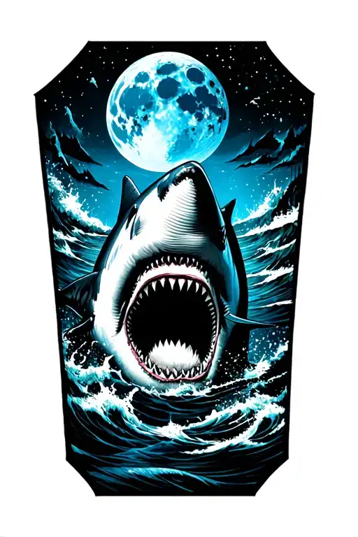 great white shark with a blue moon above it tattoo design idea