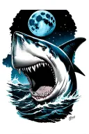 great white shark with a blue moon above it tattoo design idea