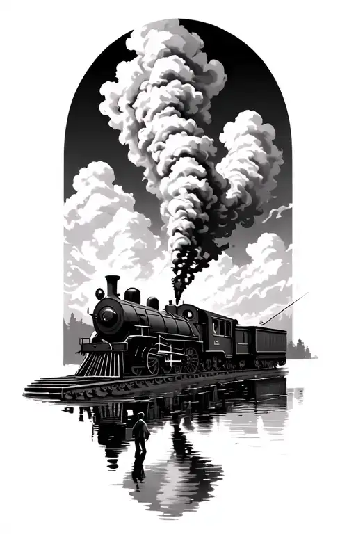 train with smoke fading into heavenly clouds with a pond beside train with a silhouette of a man fishing tattoo design idea