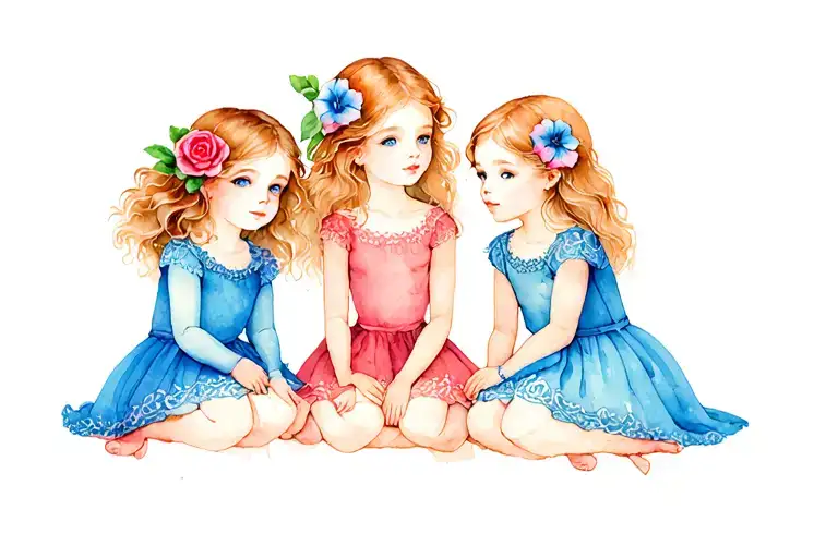 3 little girls sitting. 2 with a rose in their hair and 1 with a morning glory in her hair. tattoo design idea