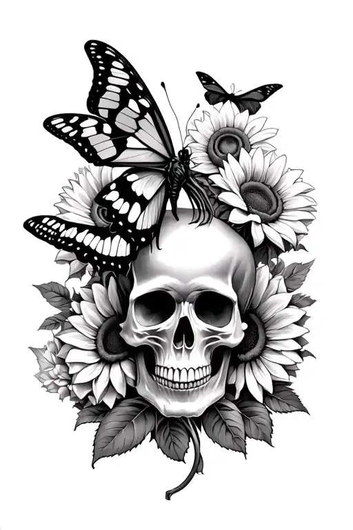 Skulls, death moths, sunflowers, roses, butterflies tattoo design idea