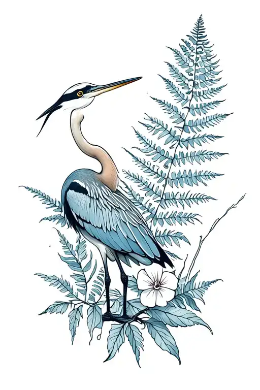 great blue heron, ferns and a primrose violet flower tattoo design idea