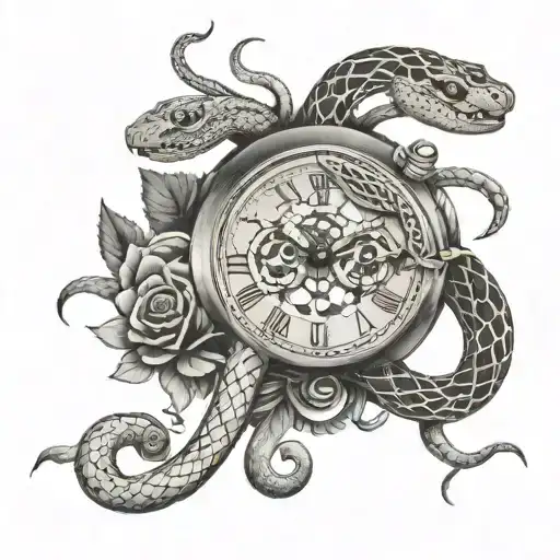 snakes clocks surrounded tattoo design idea