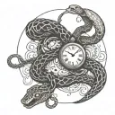 snakes clocks surrounded tattoo design idea