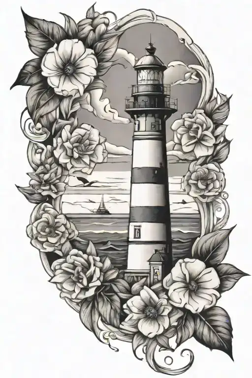 spinal straight line tattoo lighthouse surrounded by ocean and florals  tattoo design idea