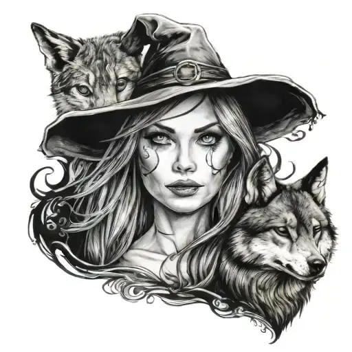 witch with a Wolf blue eyes tattoo design idea