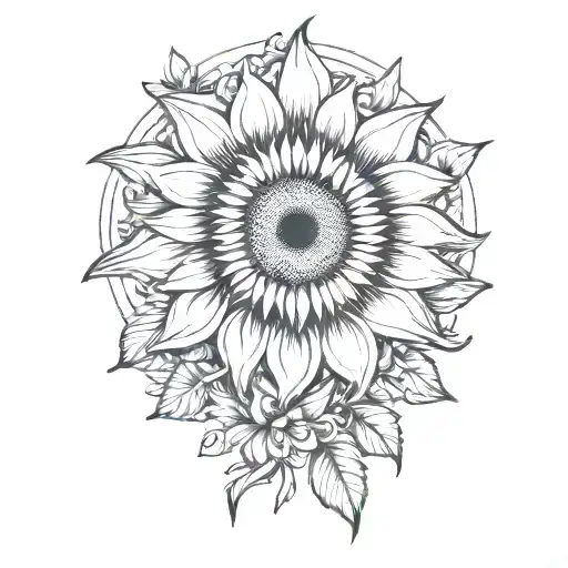 large sunflower surrounded by roses and chrysanthemums flowers tattoo design idea