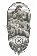italian tuscany landscape with olive and cypress trees and flowers and compass  tattoo design idea