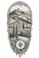 italian tuscany landscape with olive and cypress trees and flowers and compass  tattoo design idea