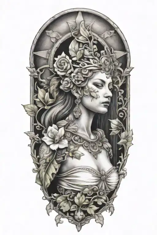 goddess of luck embedded tattoo design idea